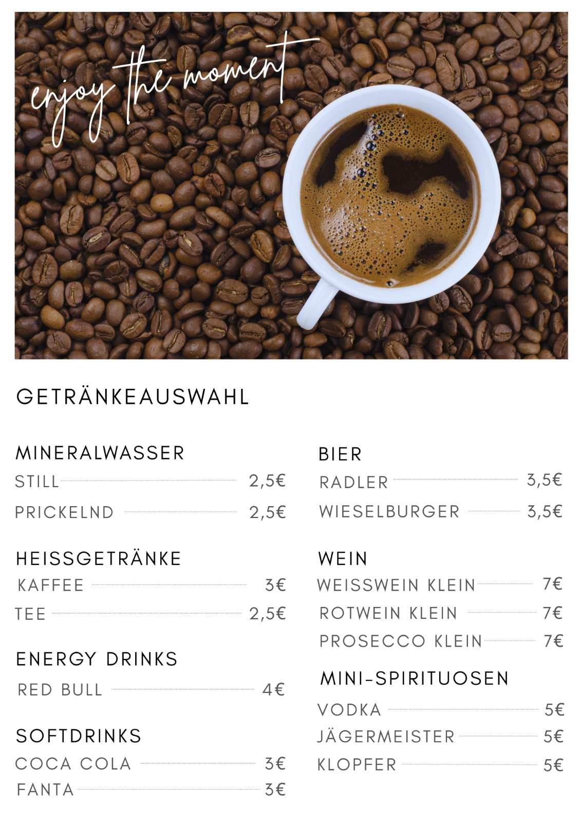 Getränkekarte Mineralwasser Kaffee Tee Red Bull Coca Cola Bier